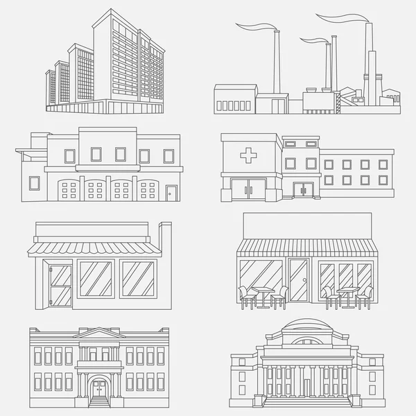 Vektör çizimi farklı kentsel endüstriyel binalarda düz bir stil.