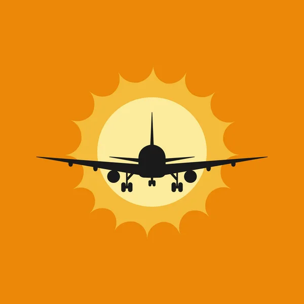 Ilustración vectorial de un avión para despegar o aterrizar al atardecer — Vector de stock