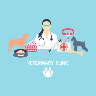 Köpek ve laboratuvar mavi arka plan ile hayvan hastalıklarıyla ilgili klinik banner