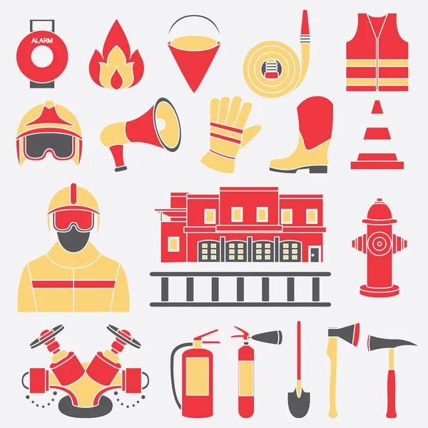 Ícones de conjunto de vetores de equipamentos de combate a incêndios ilustração vetorial —  Vetores de Stock