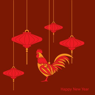 Vektör çizim raditional Çince fener horoz ile düz bir tarzda