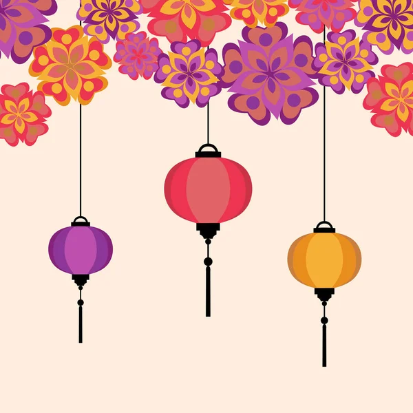 Ilustración vectorial de linternas chinas decoración colorido divertido conjunto con flores — Vector de stock