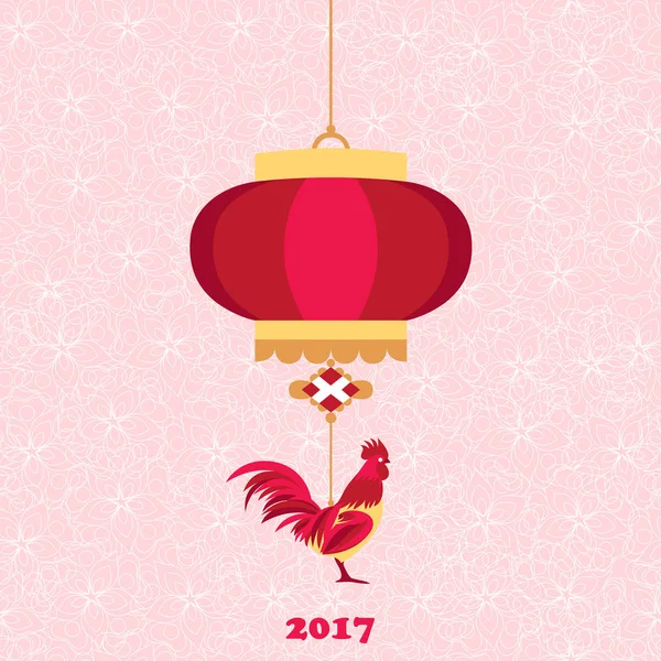 С китайским Новым 2017 годом красного петуха с ленточками и цветами — стоковый вектор