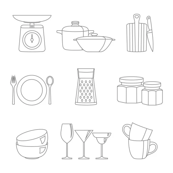 Colección vectorial de iconos de línea de diseño plano de utensilios de cocina — Archivo Imágenes Vectoriales