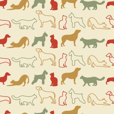 Kedi ve köpek siluetleri hayvan sorunsuz vektör desen