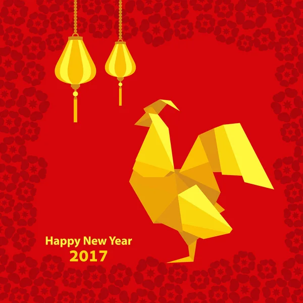 Счастливого китайского нового 2017 года петуха с фонариком и цветами — стоковый вектор
