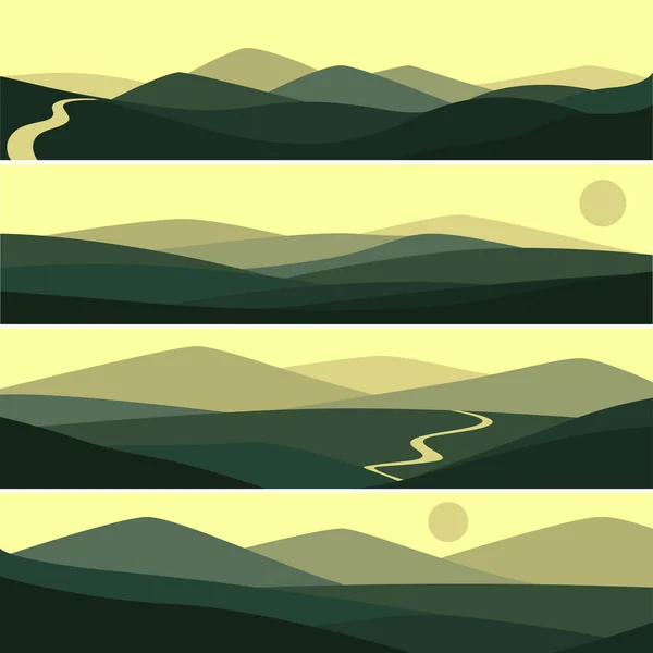 Ilustración vectorial del paisaje montañoso con sol y carretera — Vector de stock