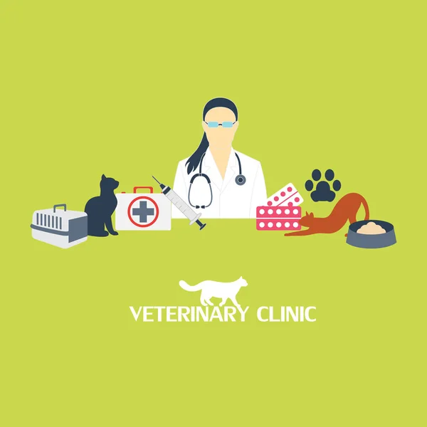 Conjunto de clínica veterinaria con gato y equipo de laboratorio — Archivo Imágenes Vectoriales