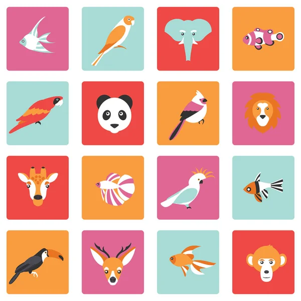 Vektorové ilustrace ikony zvířat a ryb tropických ptáků — Stockový vektor