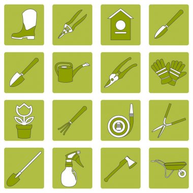 Çeşitli Bahçe öğeler ve Bahçe aletleri düz tasarım vektör ayarla