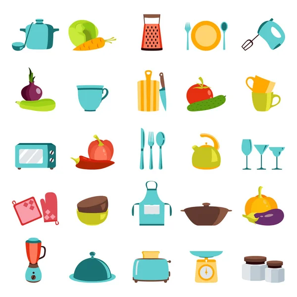 Ilustración vectorial de utensilios de cocina, electrodomésticos y alimentos — Vector de stock