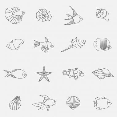 Seahells ve balık üzerinde beyaz izole vektör