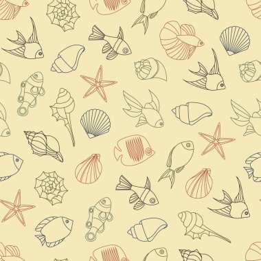 Deniz kabuklarını ve balık Dikişsiz desen vektör çizim