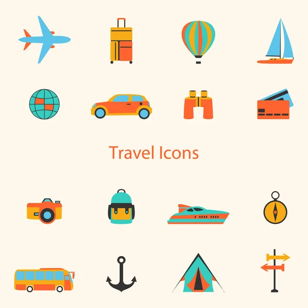 Vector conjunto de iconos planos de línea, signo y símbolos de los elementos de viaje de diseño — Archivo Imágenes Vectoriales