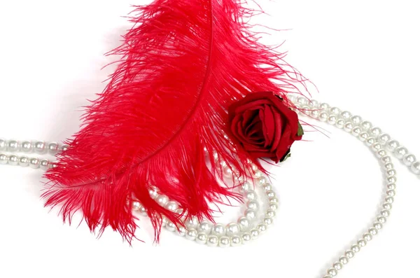 İnci boncuk ve kırmızı devekuşu tüyü - vintage tarzı dizeler