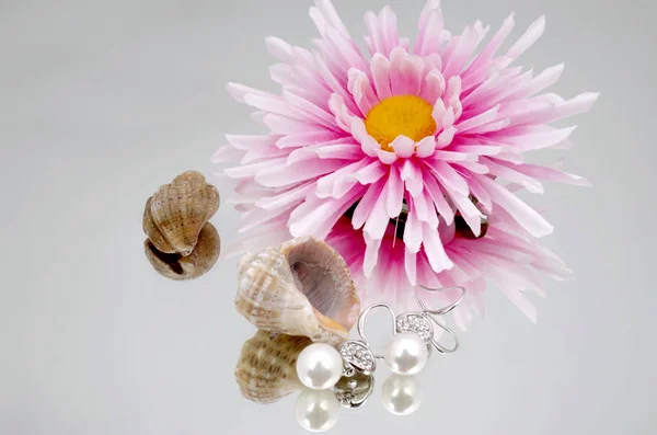 Pendientes de perlas publicidad - conchas y flores sobre fondo espejo — Foto de Stock