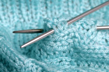 İş - mavi iplik dikiş - makro örgü bir parça