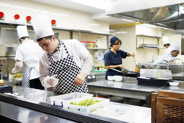 Köche in der Küche bereiten verschiedene Gerichte zu — Stockfoto