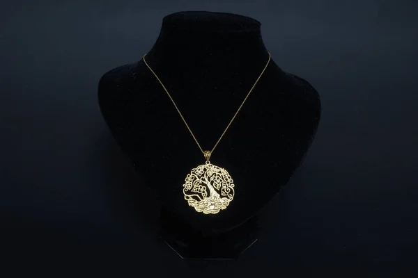 beautiful antique Oriental Turkish gold jewelry womens chain with pendant handmade black background