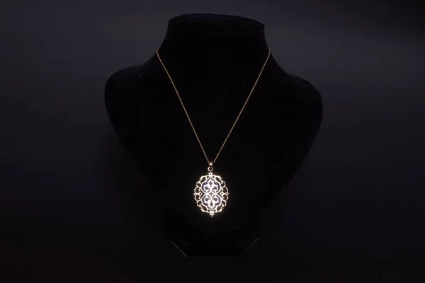 beautiful antique Oriental Turkish gold jewelry womens chain with pendant handmade black background