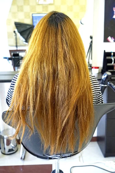 Beautiful wedding hairstyle. The bride's hairstyle in the beauty salon. Rear view — Stock Photo, Image