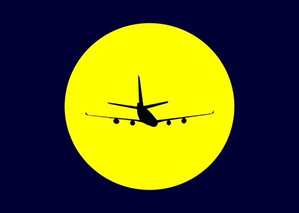 在黑暗的天空中，飞机在黄色的太阳下的黑色轮廓 — 图库照片