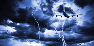 Lightning strike in a thunderstorm near the plane