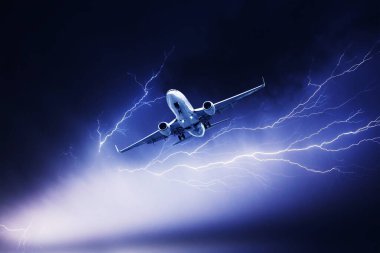 Lightning strike in a thunderstorm near the plane