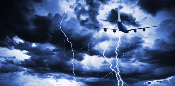 Lightning strike in a thunderstorm near the plane