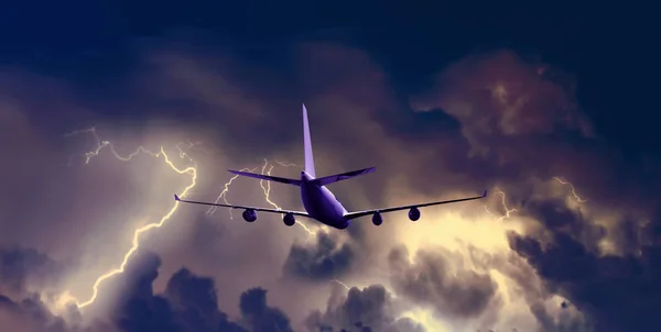 Lightning strike in a thunderstorm near the plane