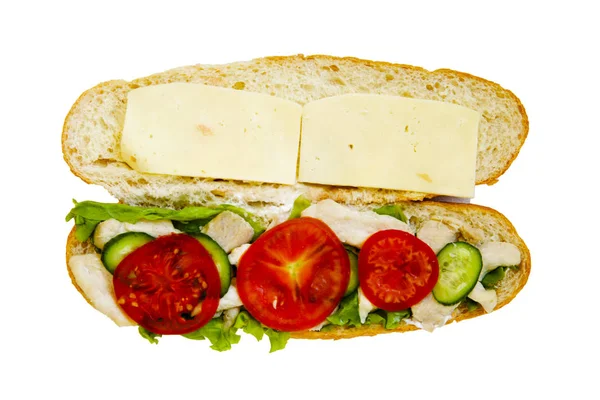 白を背景にトマトキュウリハーブとチーズのベジハンバーガー — ストック写真