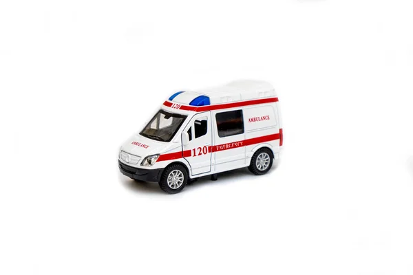 Carro Brinquedo Ambulância Fundo Branco Conceito Assistência Médica Saúde — Fotografia de Stock