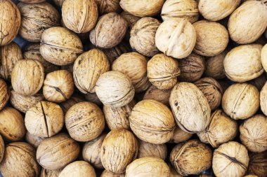 Doğal ceviz arkaplan deseni deseni soyut ceviz yığını arka plan bulanık kenarlar çerçeveli doğal kabuklu fındık ceviz desenli fon .