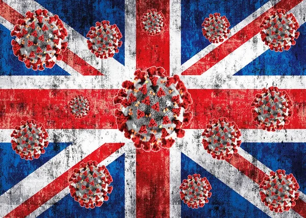 İngiltere bayrağında Coronavirus mikroskobu. Coronavirus 2019-nCov romanı Coronavirus kavramı Asya gribi salgını ve koronavirüs salgını için sorumludur..