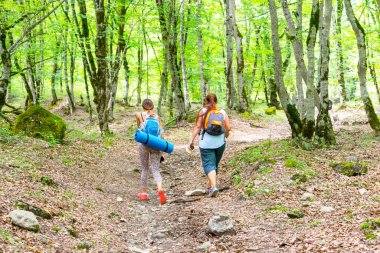 Ormanda yürüyen sırt çantalı iki kadın turistten manzara.