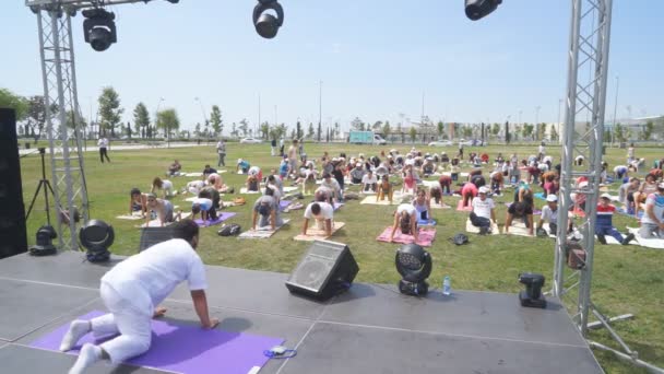 Baku, Azerbaijan, may 15, 2017: Men and women yoga classes during the festival Day of yoga in the big tent on fitness mats — Stock Video