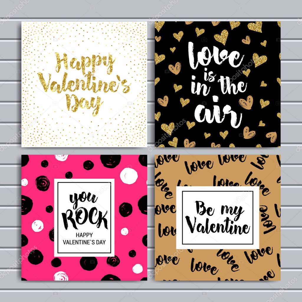 happy valentines day cards with ornaments, hearts, ribbon, angel and arrow