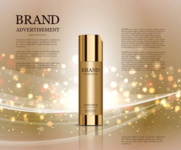 Modelo de anúncios cosméticos, gotas garrafa mockup isolado no fundo deslumbrante. Folha dourada e bolhas elementos. Ilustração 3D . —  Vetores de Stock