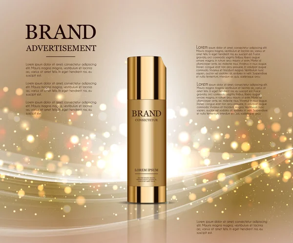 Cosmetische advertenties sjabloon, druppel fles mockup geïsoleerd op schitterende achtergrond. Gouden folie en bubbels elementen. 3D illustratie. — Stockvector