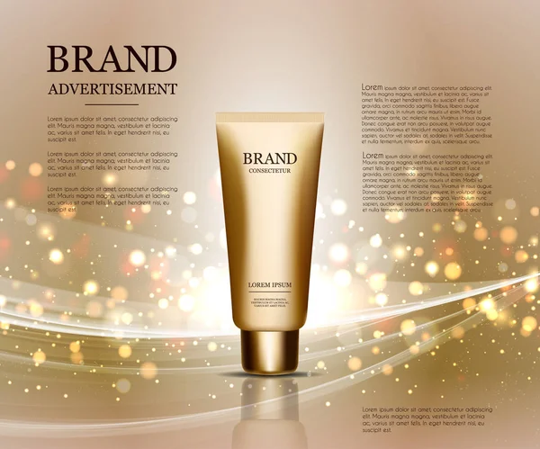 Cosmetische advertenties sjabloon, druppel fles mockup geïsoleerd op schitterende achtergrond. Gouden folie en bubbels elementen. 3D illustratie. — Stockvector