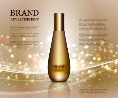 Cosmetic ads template, droplet bottle mockup isolated on dazzling background. Golden foil and bubbles elements. 3D illustration.