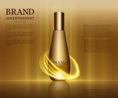 Kozmetik reklamları şablon, damlacık şişe mockup üzerinde izole arka plan göz kamaştırıcı. Altın folyo ve kabarcıklar öğeleri. 3D çizim.
