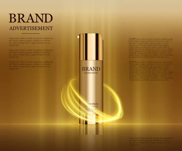 Modelo de anúncios cosméticos, gotas garrafa mockup isolado no fundo deslumbrante. Folha dourada e bolhas elementos. Ilustração 3D . —  Vetores de Stock