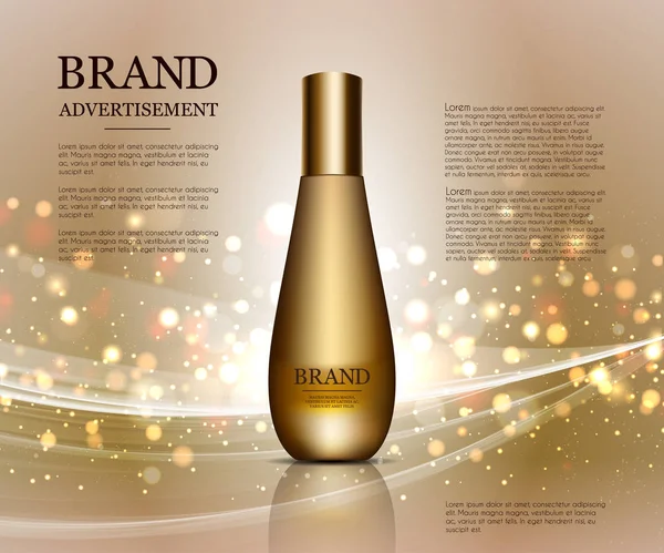 Cosmetische advertenties sjabloon, druppel fles mockup geïsoleerd op schitterende achtergrond. Gouden folie en bubbels elementen. 3D illustratie. — Stockvector