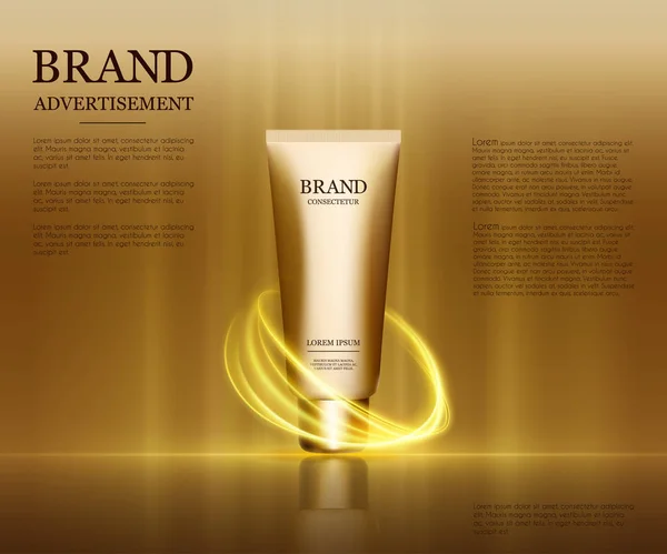 化粧品の広告テンプレート、液滴瓶モックアップに分離された背景を見事な。黄金箔と泡の要素。3 d イラストレーション. — ストックベクタ