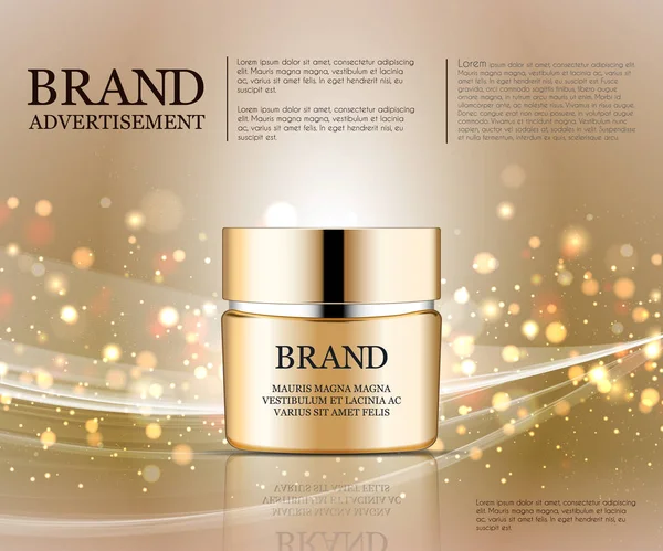 Cosmetische advertenties sjabloon, druppel fles mockup geïsoleerd op schitterende achtergrond. Gouden folie en bubbels elementen. 3D illustratie. — Stockvector