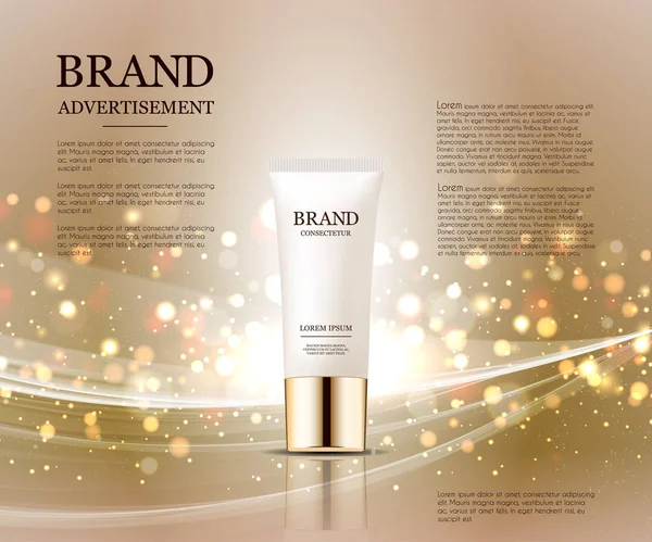 Cosmetic ads template, droplet bottle mockup isolated on dazzling background. Golden foil and bubbles elements. 3D illustration.