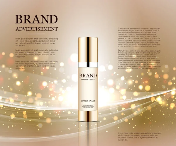 Cosmetic ads template, droplet bottle mockup isolated on dazzling background. Golden foil and bubbles elements. 3D illustration.