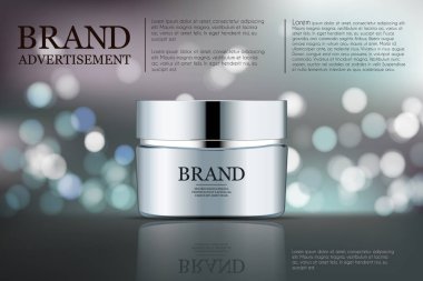 Güzellik, yaşlanma karşıtı krem reklamı. Kozmetik paket tasarımı. 3D vektör güzellik çizimi. Nemlendirici yüz kremi cam kavanozu köpüklü sıvı arka planda. Ürün paketi modelleme