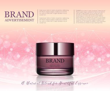 Güzellik, yaşlanma karşıtı krem reklamı. Kozmetik paket tasarımı. 3D vektör güzellik çizimi. Nemlendirici yüz kremi cam kavanozu köpüklü sıvı arka planda. Ürün paketi modelleme